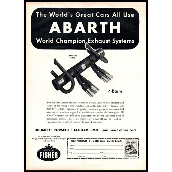 1968 Abarth Exhaust Systems Vintage Print Ad Porsche 4 Barrel Man Cave Wall Art - Picture 1 of 1